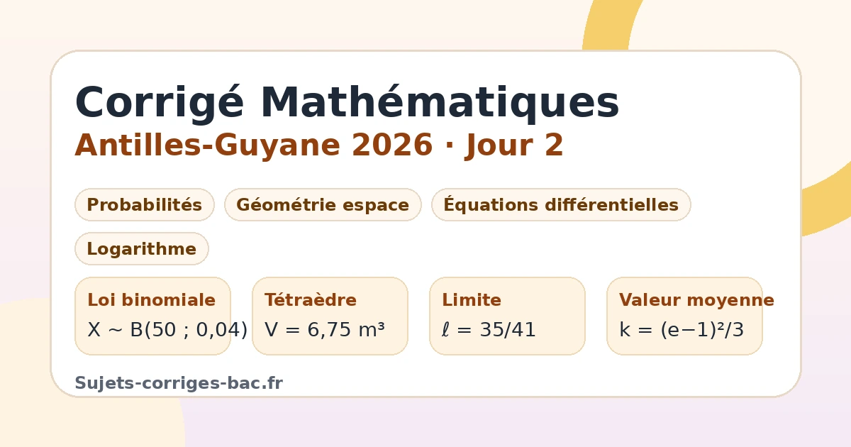 Illustration du corrigé Mathématiques Antilles-Guyane 2026 jour 2