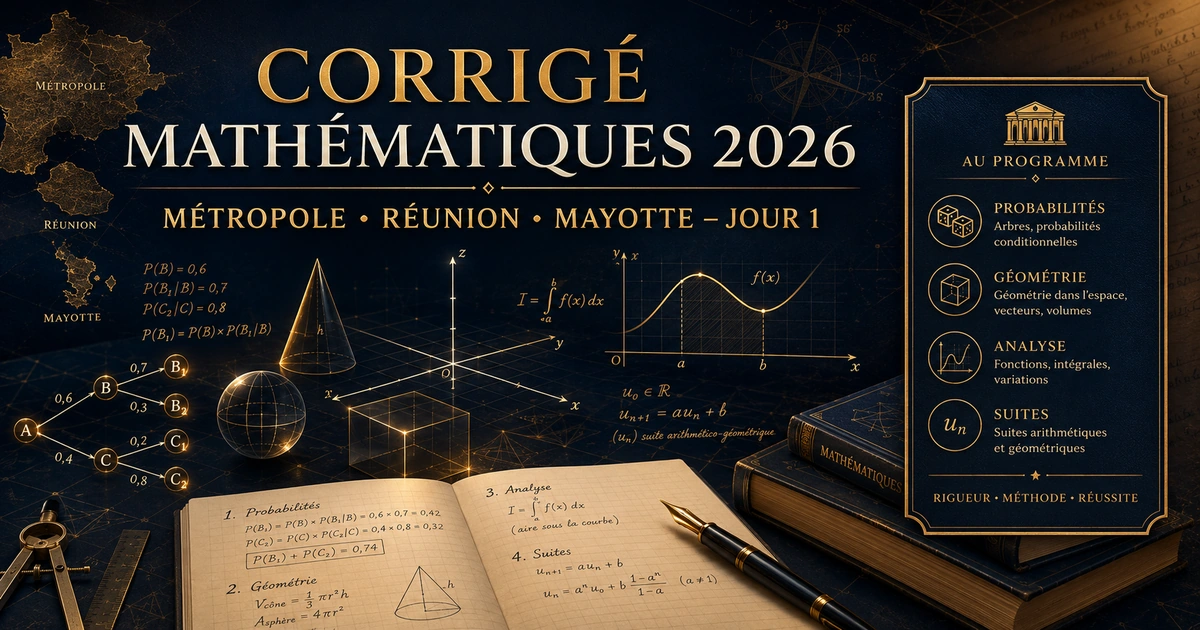 Corrigé Mathématiques Métropole Réunion Mayotte 2026 jour 1